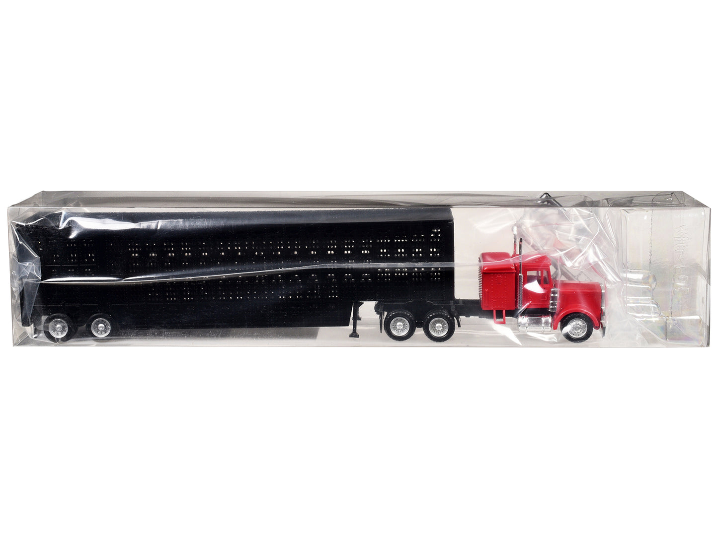 Peterbilt with Sleeper Cab Red with Black Livestock Trailer 1/87 (HO) Plastic Model Car by Promotex-DiecastModeler.com