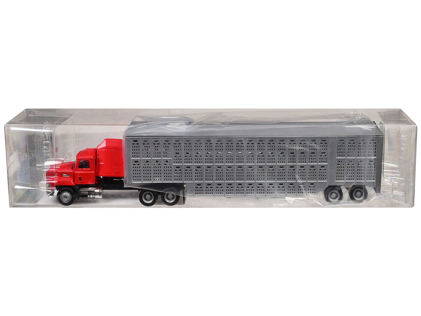 Mack CH 613 with Sleeper Cab Red with Silver Livestock Trailer 1/87 (HO) Plastic Model Car by Promotex-DiecastModeler.com