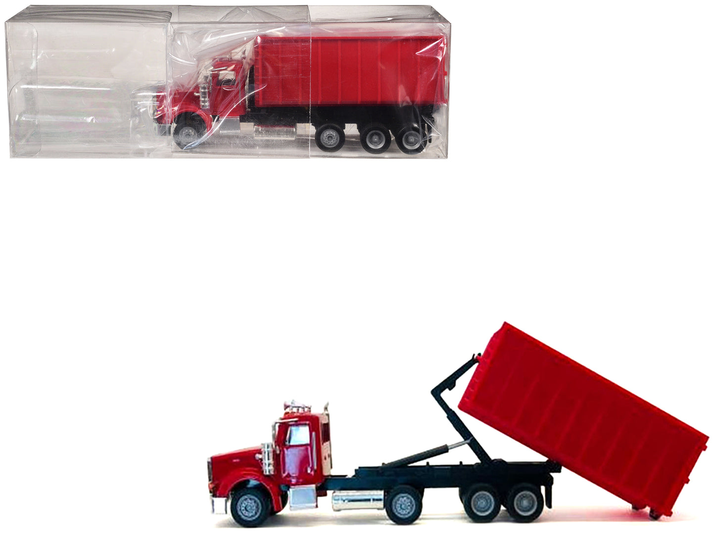 Peterbilt 367 Roll-Off Dump Truck Red with Red Box 1/87 (HO) Plastic Model Car by Promotex-DiecastModeler.com