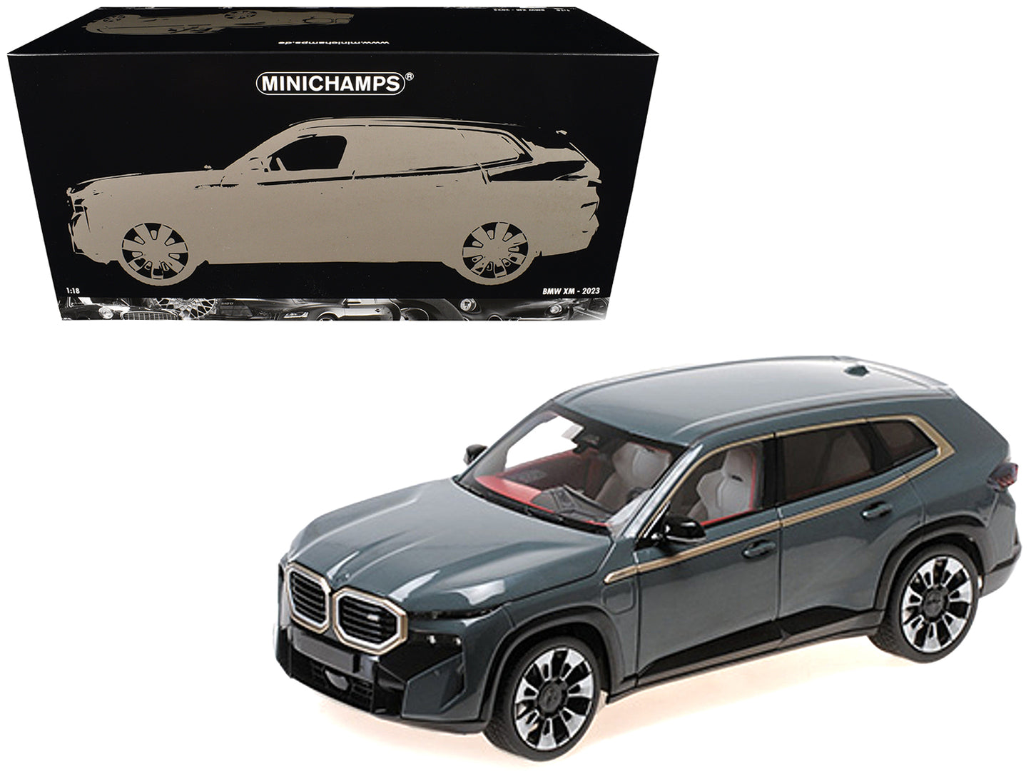 2023 BMW XM Dark Green Metallic with Gold Stripes 1/18 Diecast Model Car by Minichamps-DiecastModeler.com