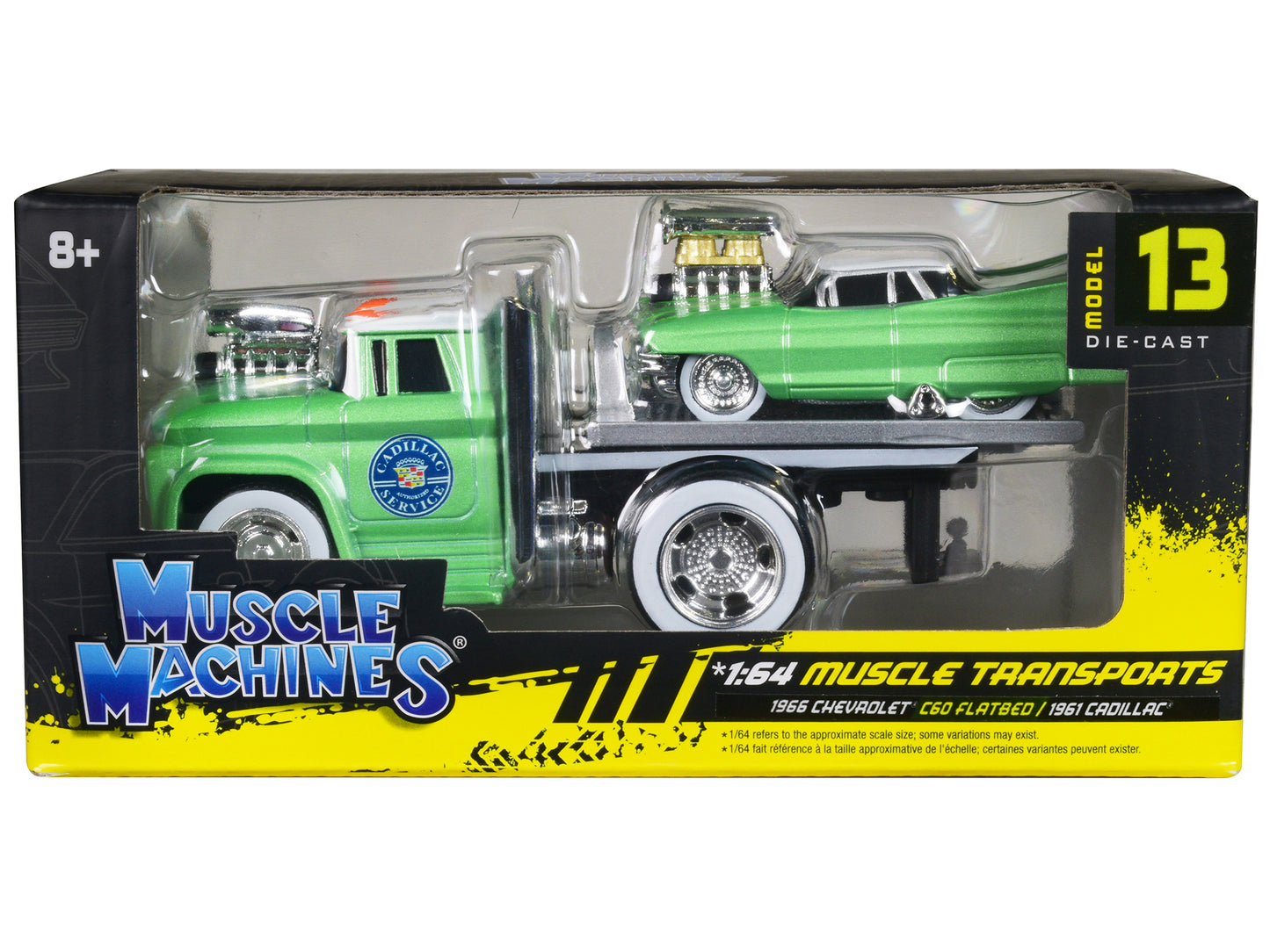 1966 Chevrolet C60 Flatbed Truck Green Metallic with White Top "Cadillac Service" and 1961 Cadillac Coupe Green Metallic with White Top "Muscle Transports" Series 1/64 Diecast Models by Muscle Machines-DiecastModeler.com