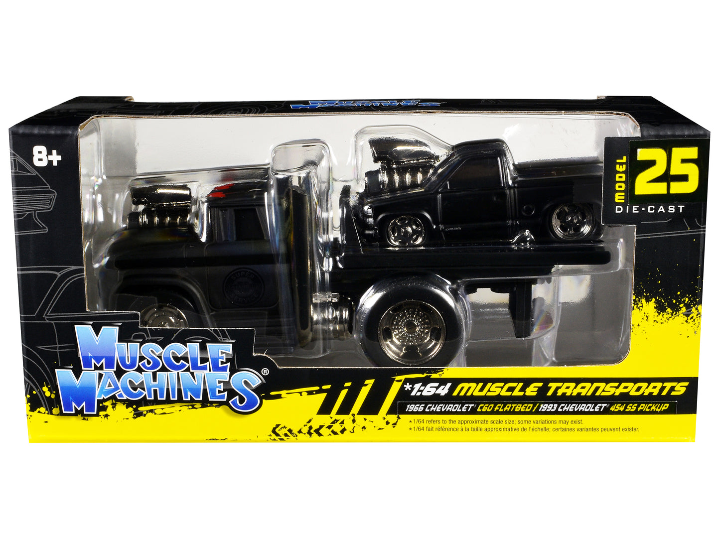 1966 Chevrolet C60 Flatbed Truck Matt Black and 1993 Chevrolet 454 SS Pickup Truck Matt Black "Muscle Transports" Series 1/64 Diecast Models by Muscle Machines-DiecastModeler.com