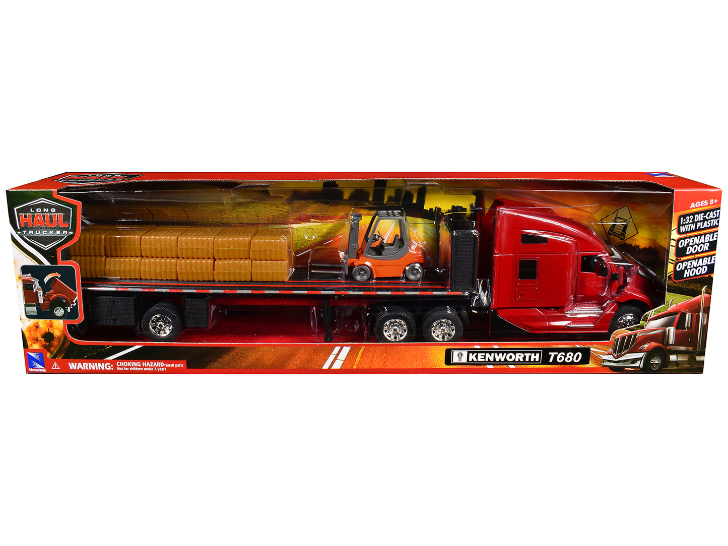 Kenworth T680 Truck Red and Flatbed Trailer with Forklift and Hay Load "Long Haul Trucker" Series 1/32 Diecast Model by New Ray
