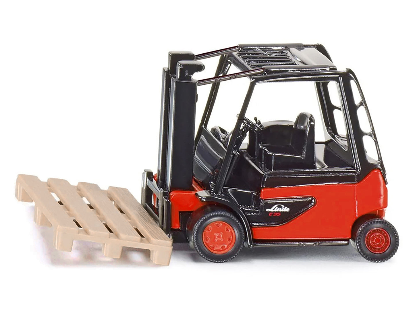Linde E35 Forklift Truck Red with Black Top with Pallet Accessory Diecast Model by Siku