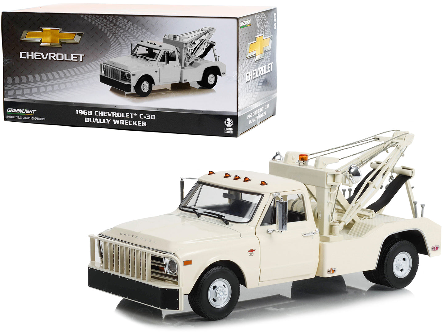 1968 Chevrolet C-30 Dually Wrecker Tow Truck White 1/18 Diecast Car Model by Greenlight-DiecastModeler.com