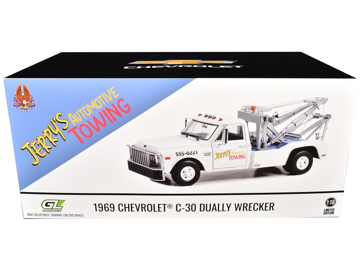 1969 Chevrolet C-30 Dually Wrecker Jerry’s Towing "Fall Guy Stuntman Association" "The Fall Guy" (1981-1986) TV Series 1/18 Diecast Model Car by Greenlight