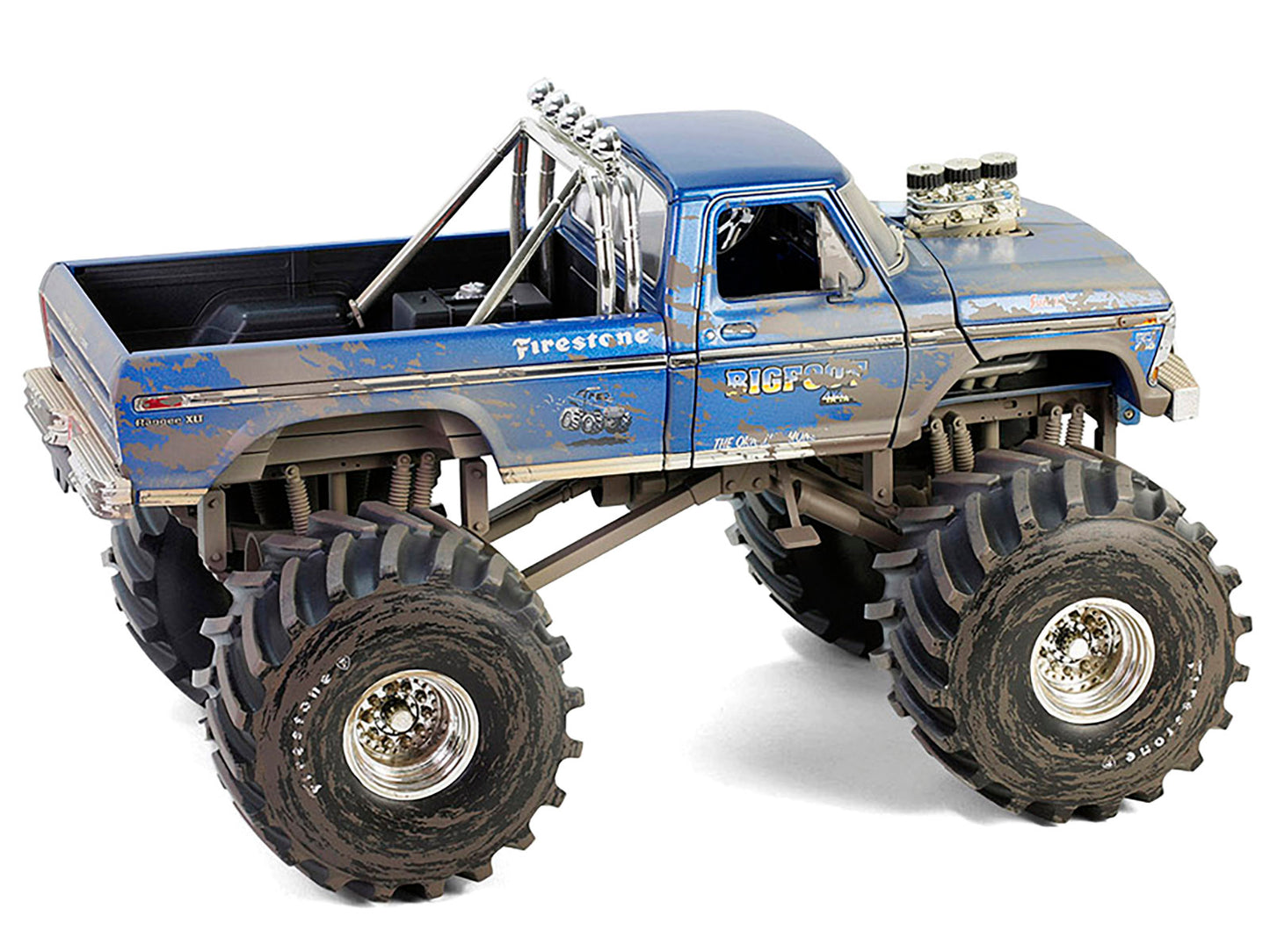 1974 Ford F-250 Monster Truck with 66-Inch Tires Blue "Bigfoot #1" (Dirty Version) "Kings of Crunch" Series 1/18 Diecast Model Car by Greenlight