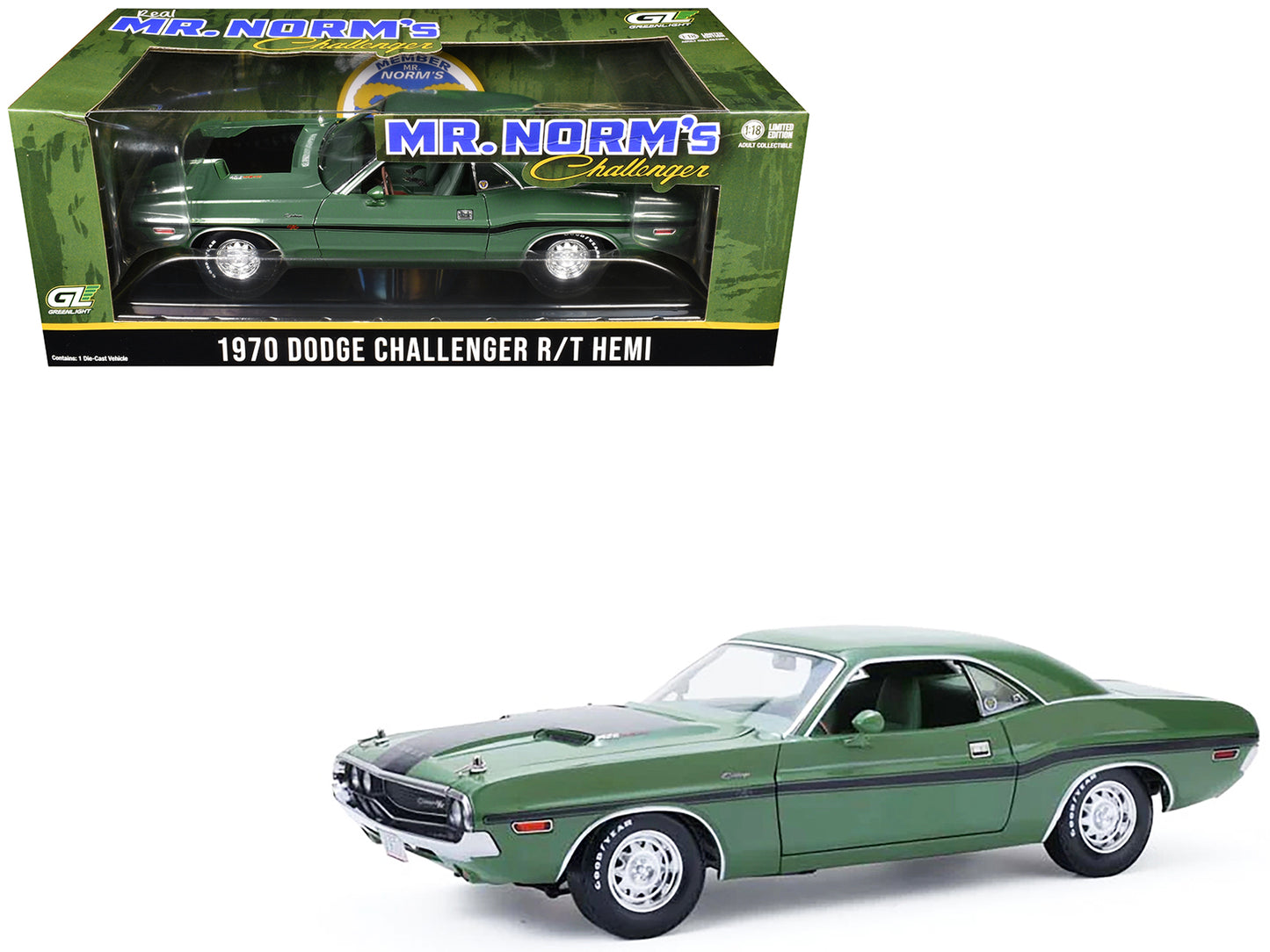 1970 Dodge Challenger R/T Hemi F8 Green with Black Stripes and Green Interior "Mr. Norm's Challenger" 1/18 Diecast Model Car by Greenlight-DiecastModeler.com