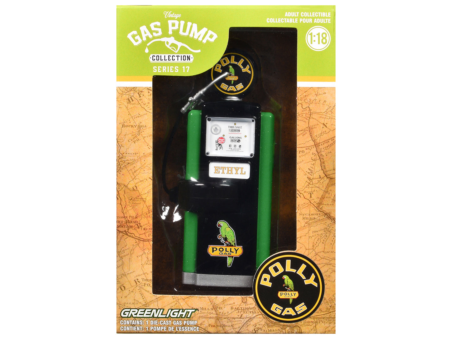 1948 Wayne 100-A Gas Pump "Polly Gas" Black and Green "Vintage Gas Pumps" Series 17 1/18 Diecast Replica by Greenlight-DiecastModeler.com