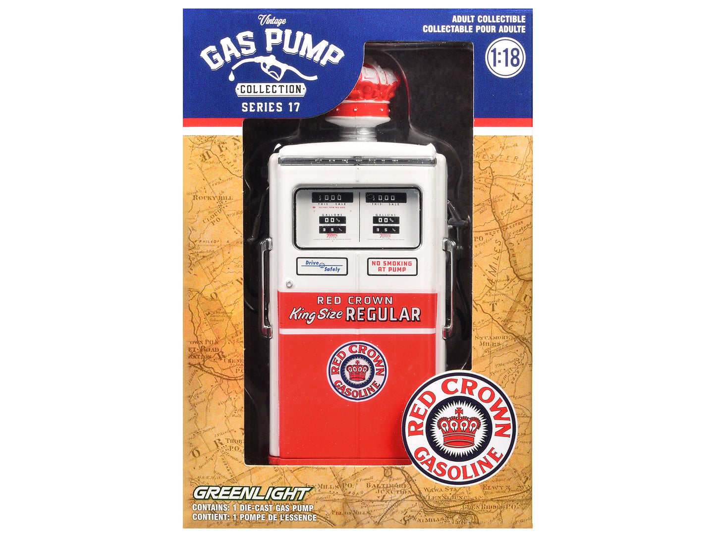 1954 Tokheim 350 Twin Gas Pump "Red Crown Gasoline" White and Red "Vintage Gas Pumps" Series 17 1/18 Diecast Replica by Greenlight-DiecastModeler.com