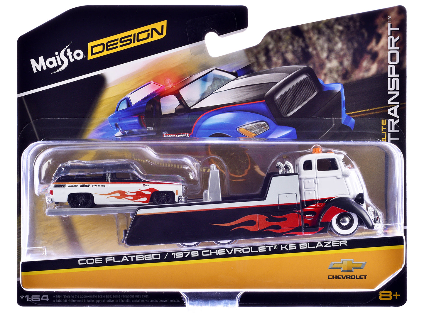 COE Flatbed Truck White and Black with Flame Graphics and 1979 Chevrolet K5 Blazer Black and White with Flame Graphics "Elite Transport" Series 1/64 Diecast Models by Maisto