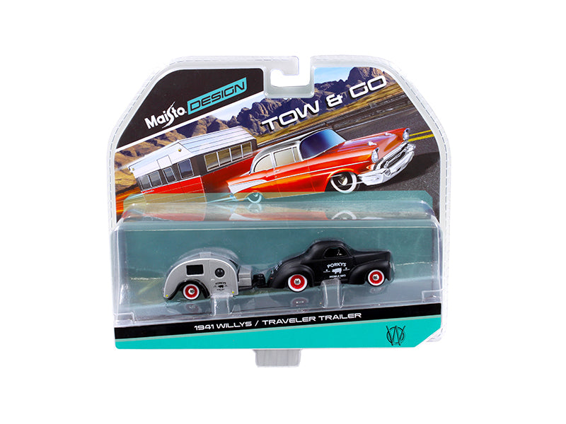 1941 Willys Matt Black and Traveler Trailer Tow & Go 1/64 Diecast Model by Maisto-DiecastModeler.com