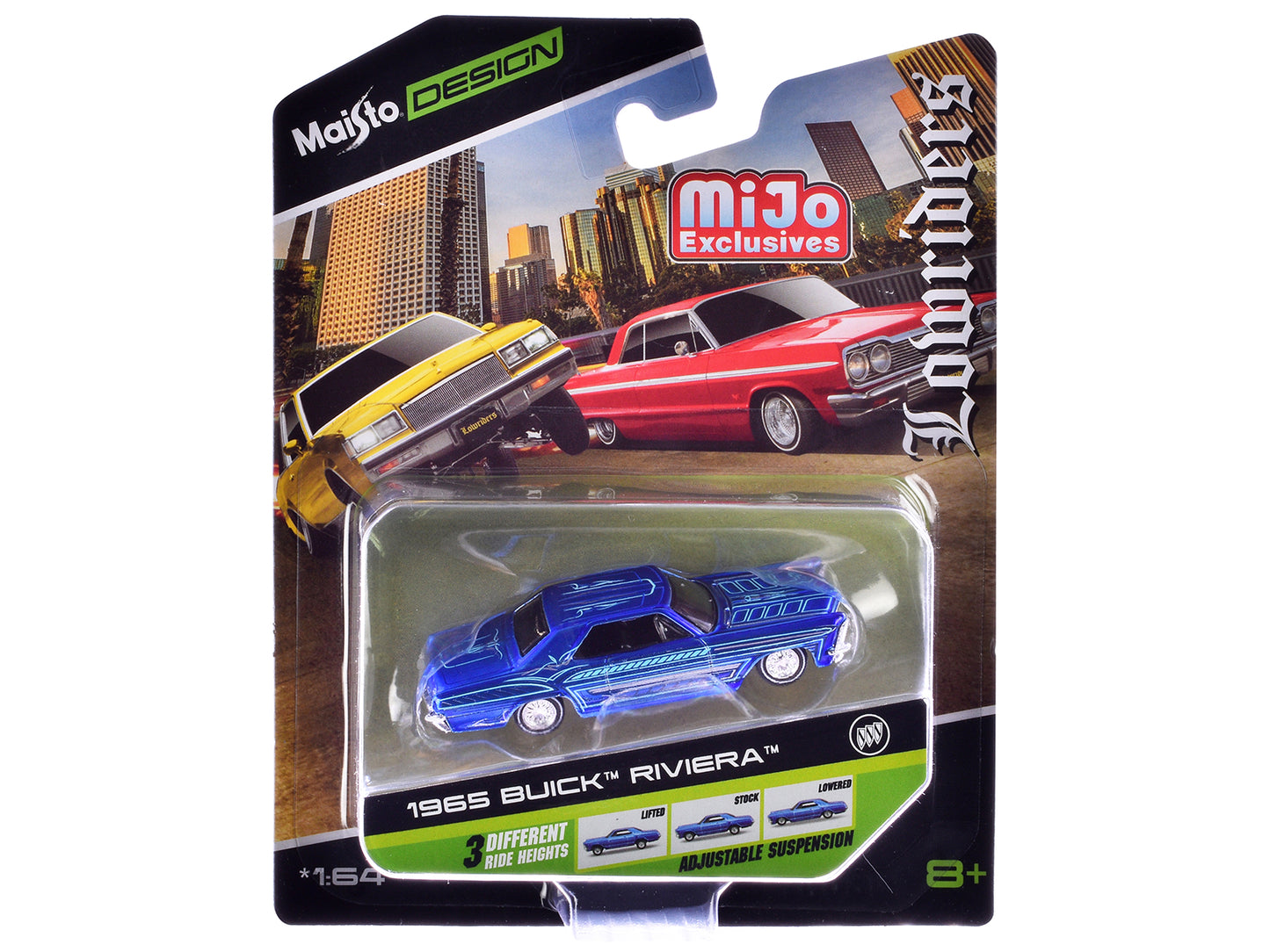 1965 Buick Riviera Candy Blue with Graphics "Lowriders" "Maisto Design" Series 1/64 Diecast Model Car by Maisto-DiecastModeler.com