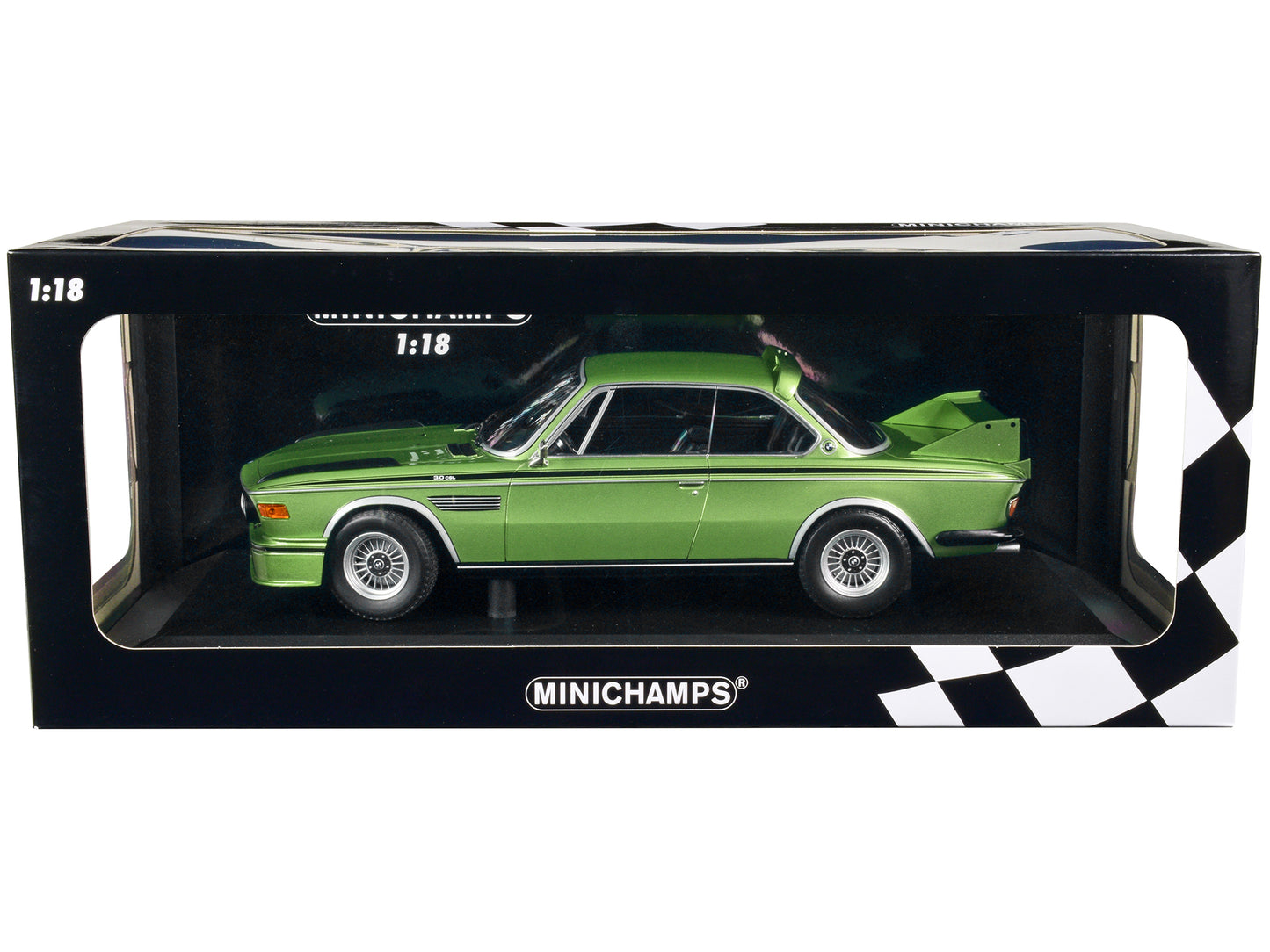 1973 BMW 3.0 CSL Green Metallic with Black Stripes Limited Edition to 450 pieces Worldwide 1/18 Diecast Model Car by Minichamps-DiecastModeler.com
