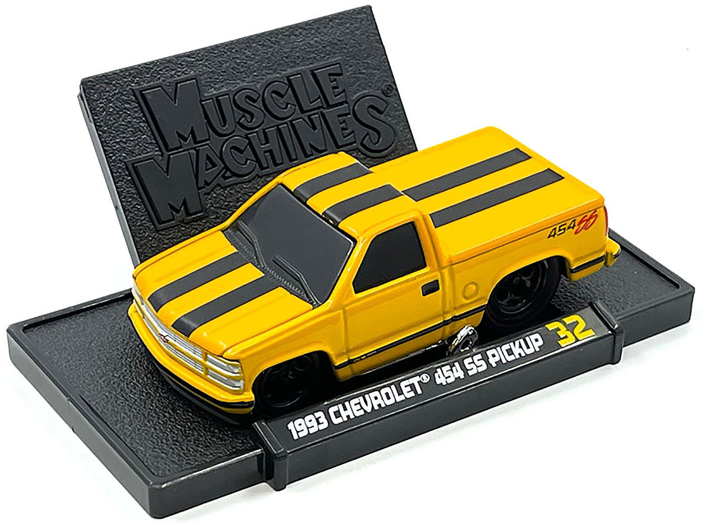 1993 Chevrolet 454 SS Pickup Truck Yellow with Black Stripes 1/64 Diecast Model Car by Muscle Machines-DiecastModeler.com