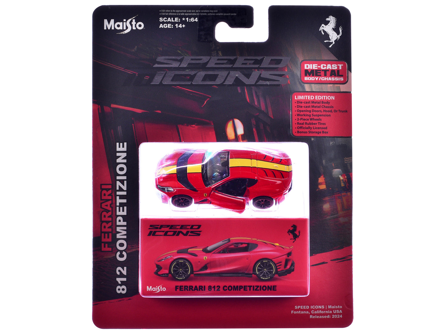 Ferrari 812 Competizione Red with Yellow Stripe "Speed Icons" Series 1/64 Diecast Model Car by Maisto-DiecastModeler.com