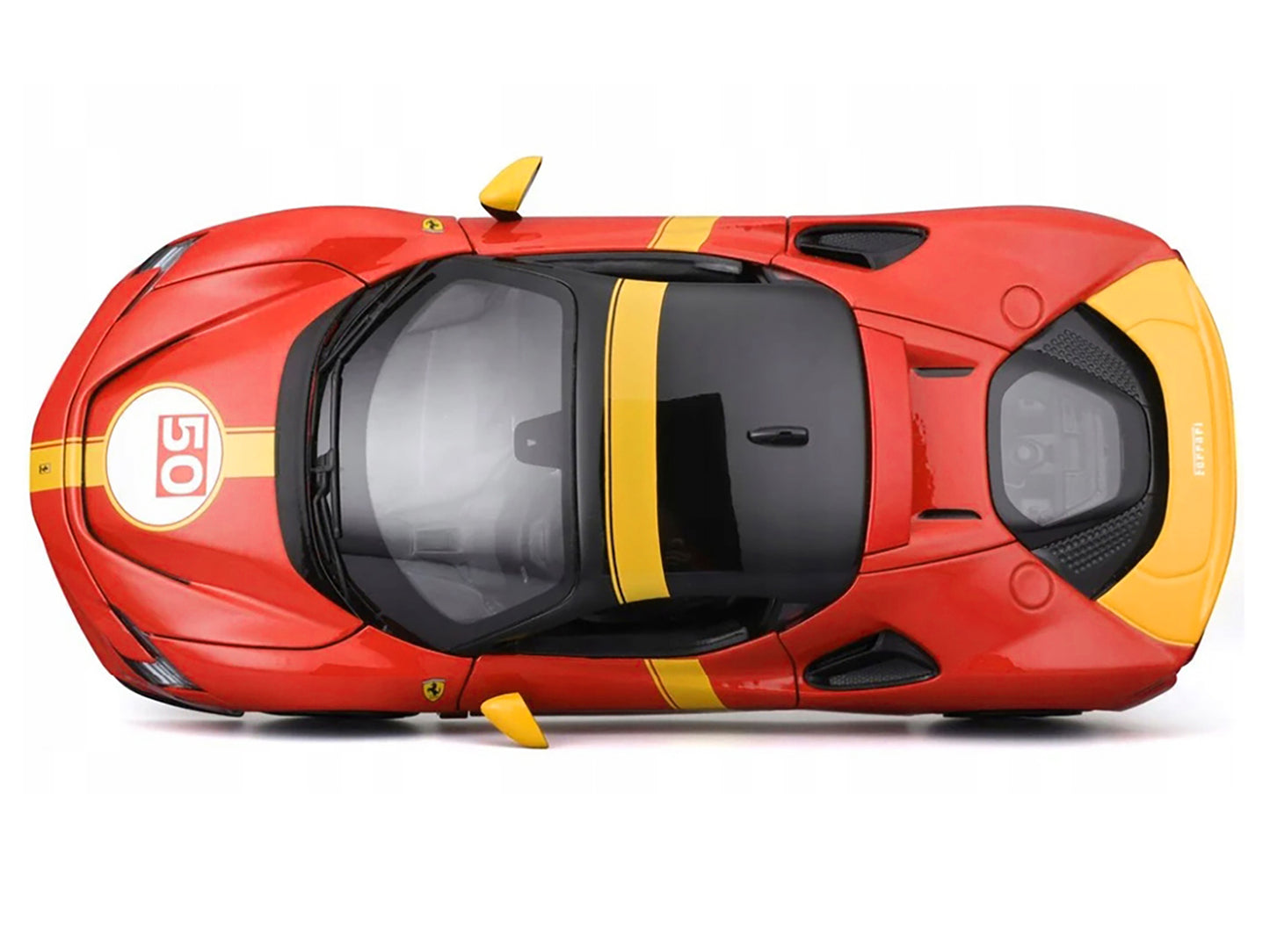 Ferrari SF90 Stradale Assetto Fiorano #50 Red with Black Top and Yellow Stripes "Race + Play" Series 1/18 Diecast Model Car by Bburago