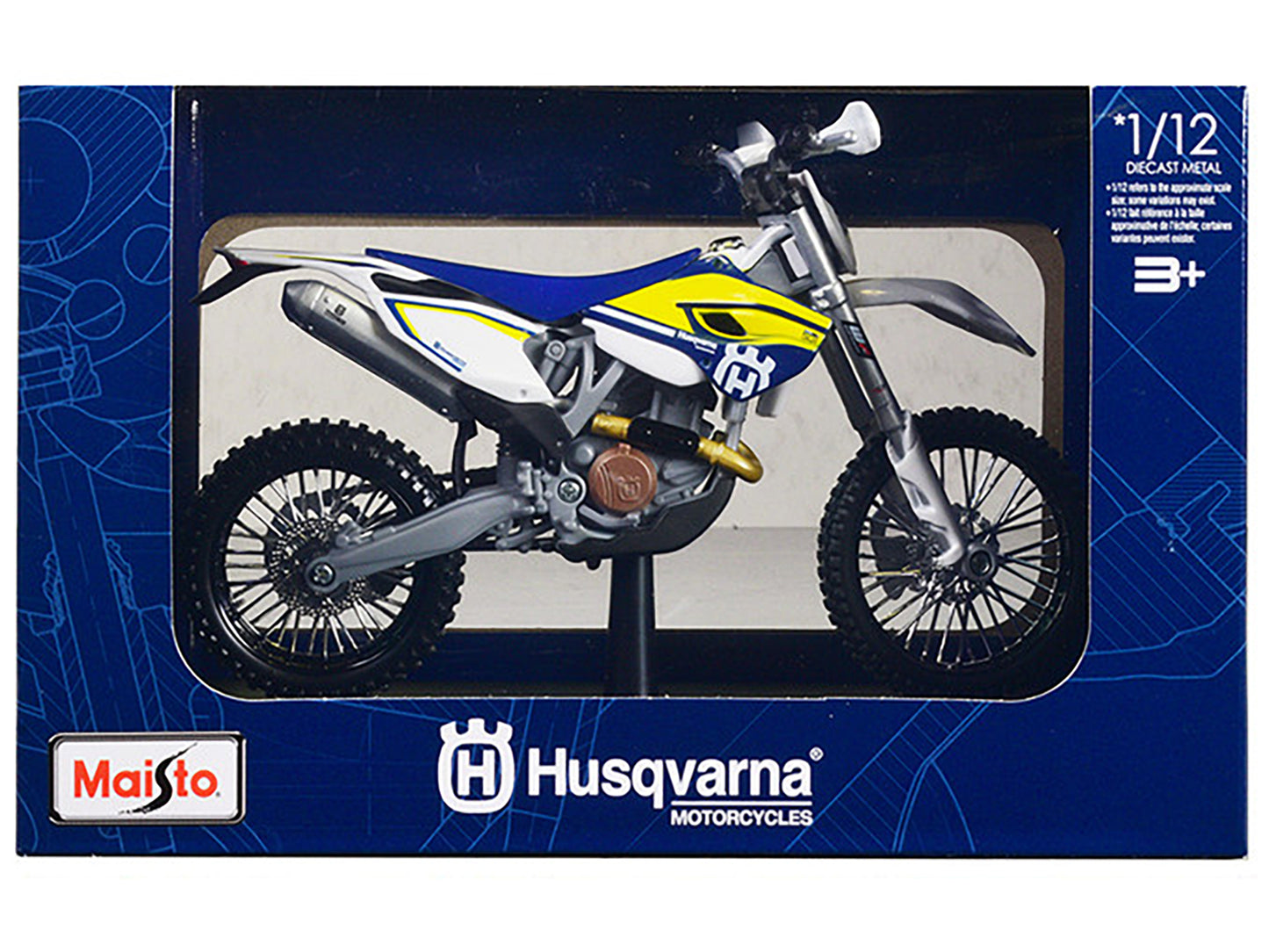 Husqvarna FE 501 White and Blue with Yellow Stripes 1/12 Diecast Motorcycle Model by Maisto-DiecastModeler.com