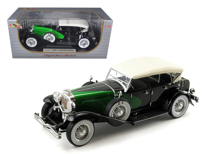 1934 Duesenberg Model J Black and Green with Cream Top 1/18 Diecast Model Car by Signature Models-DiecastModeler.com