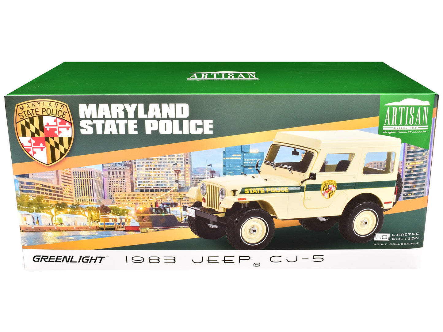 1983 Jeep CJ-5 Hardtop "Maryland State Police" Beige with Green Stripes "Artisan Collection" Series 1/18 Diecast Model Car by Greenlight-DiecastModeler.com