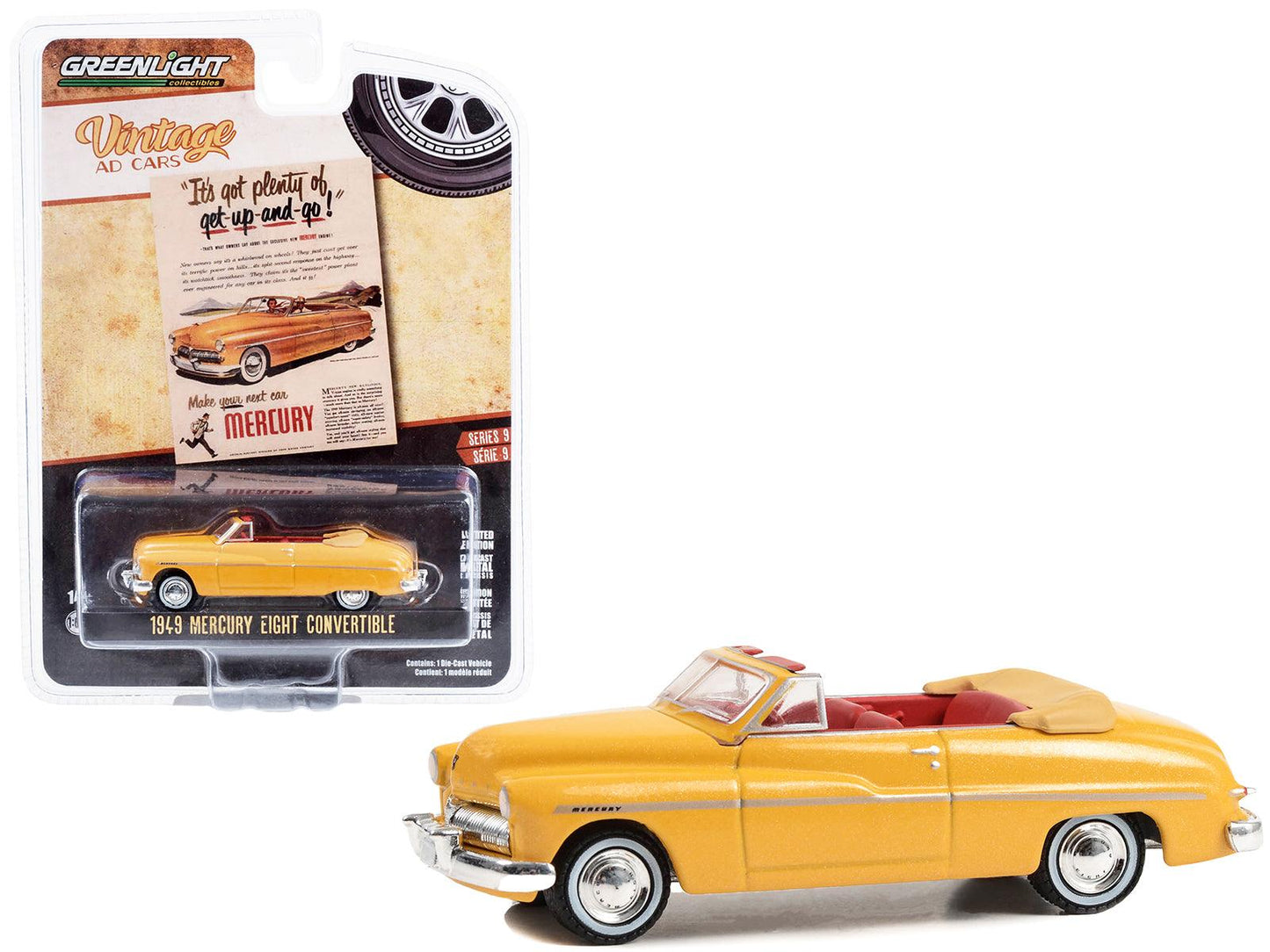 1949 Mercury Eight Convertible Yellow Metallic with Red Interior "It’s Got Plenty Of Get-Up-And-Go!" "Vintage Ad Cars" Series 9 1/64 Diecast Model Car by Greenlight-DiecastModeler.com