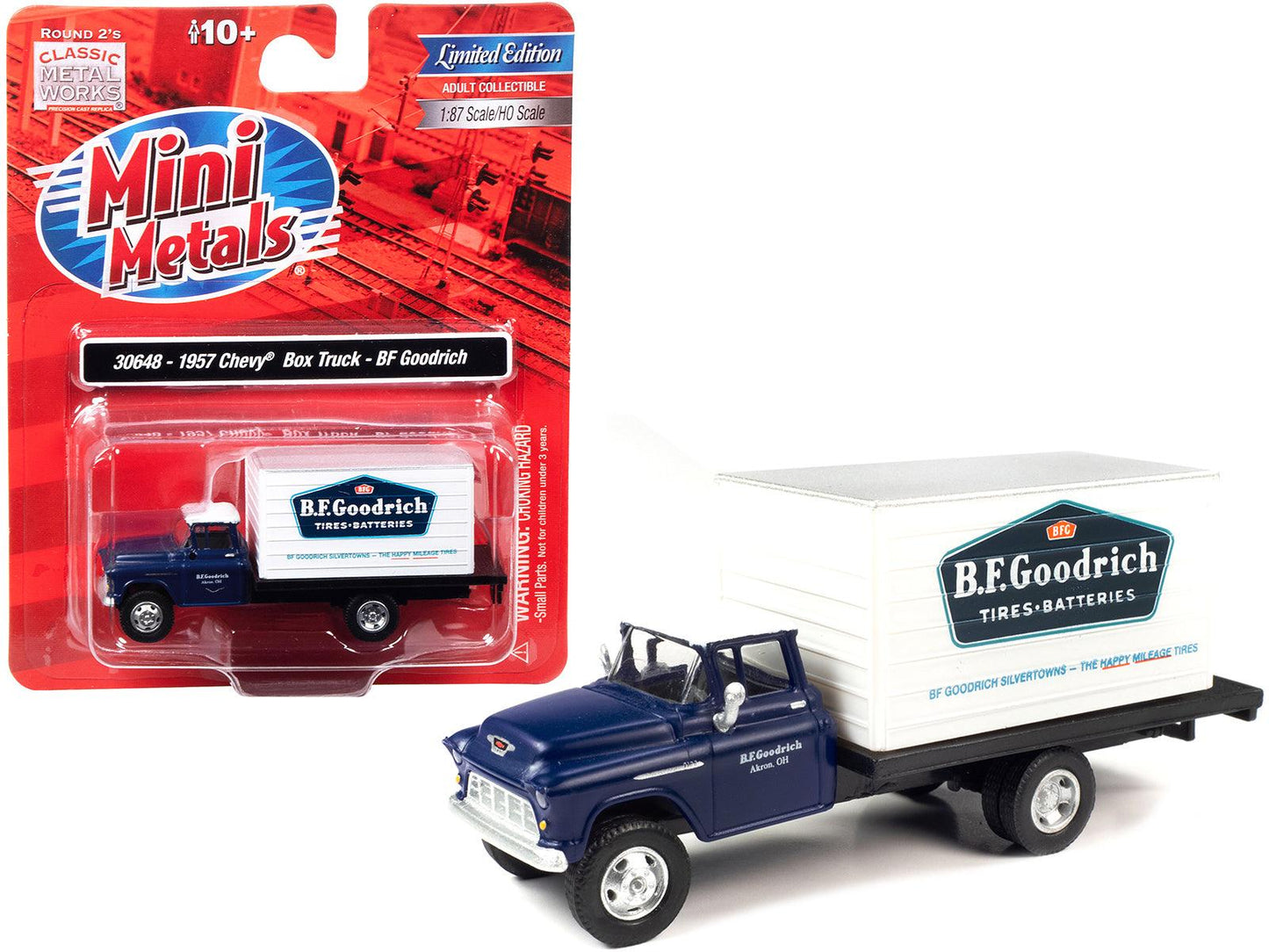 1957 Chevrolet Box Truck Dark Blue with White Top "BFGoodrich" 1/87 (HO) Scale Model by Classic Metal Works-DiecastModeler.com