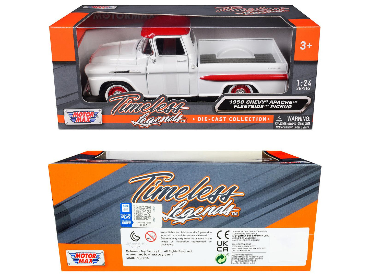 1958 Chevrolet Apache Fleetside Pickup Truck White with Red Top "Timeless Legends" Series 1/24 Diecast Model Car by Motormax-DiecastModeler.com