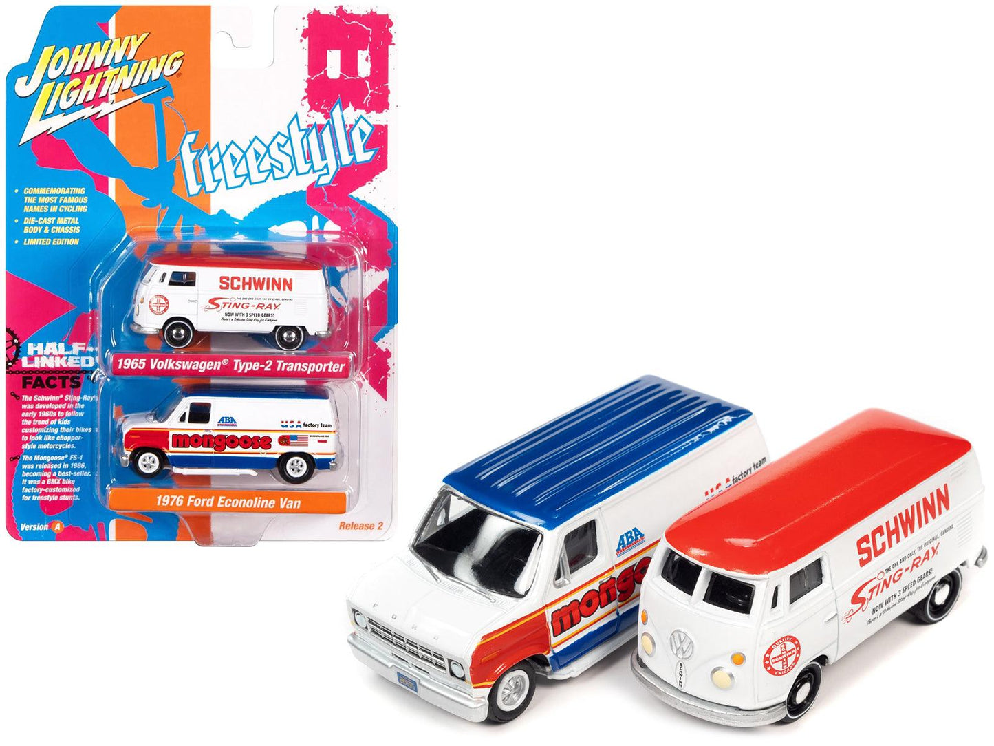 1965 Volkswagen Type 2 Transporter Van White w/ Red Top "Schwinn" & 1976 Ford Econoline Van White with Red & Blue Graphics "Mongoose USA Factory Team" "BMX Freestyle" Set of 2 Cars "2-Packs" 2023 Release 2 1/64 Diecast Model Cars by Johnny Lightning-DiecastModeler.com