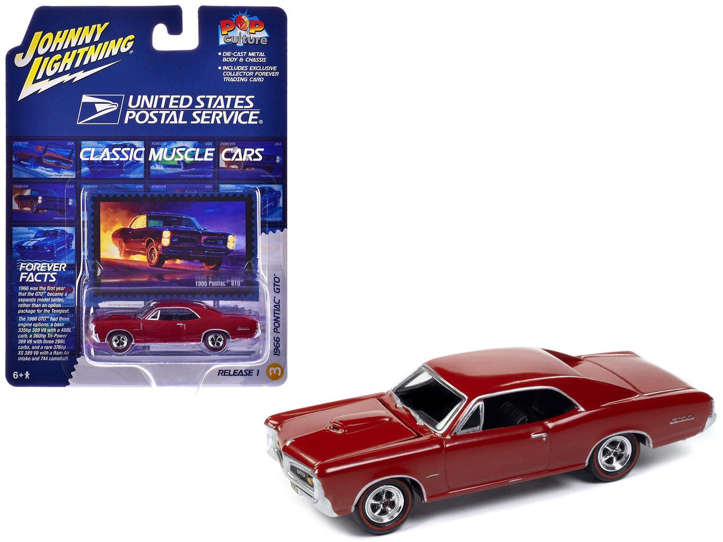1966 Pontiac GTO Montero Red "USPS (United States Postal Service)" Pop Culture 2024 Release 1 1/64 Diecast Model Car by Johnny Lightning-DiecastModeler.com