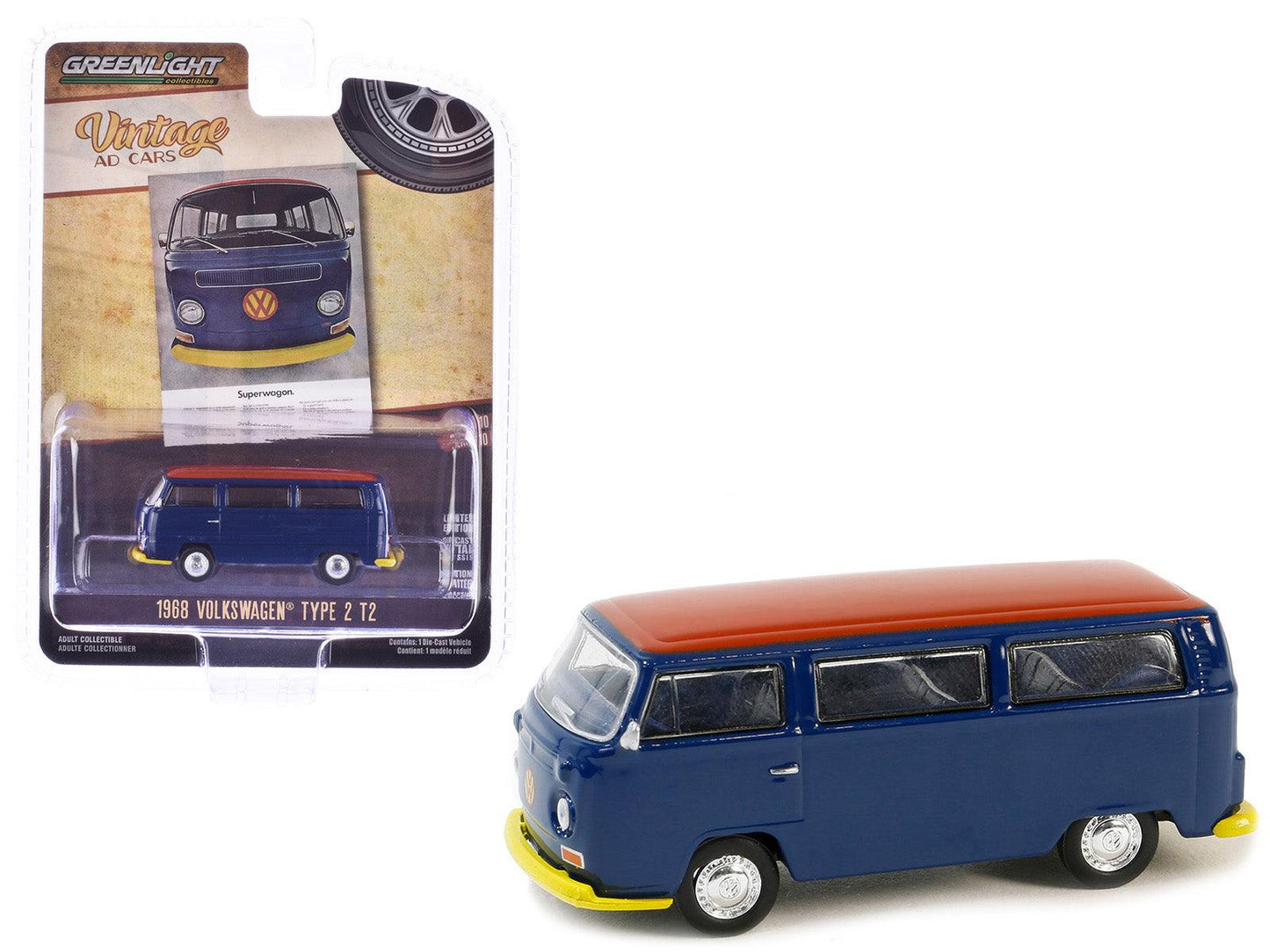 1968 Volkswagen Type 2 T2 Van Blue with Red Top "Vintage Ad Cars" Series 10 1/64 Diecast Model Car by Greenlight-DiecastModeler.com