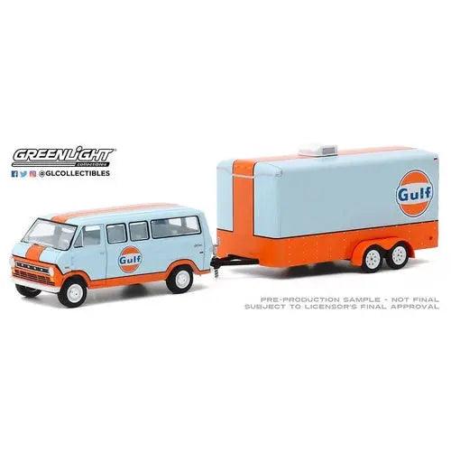 1972 Ford Club Wagon Van with Enclosed Car Trailer (Gulf Oil)-DiecastModeler.com