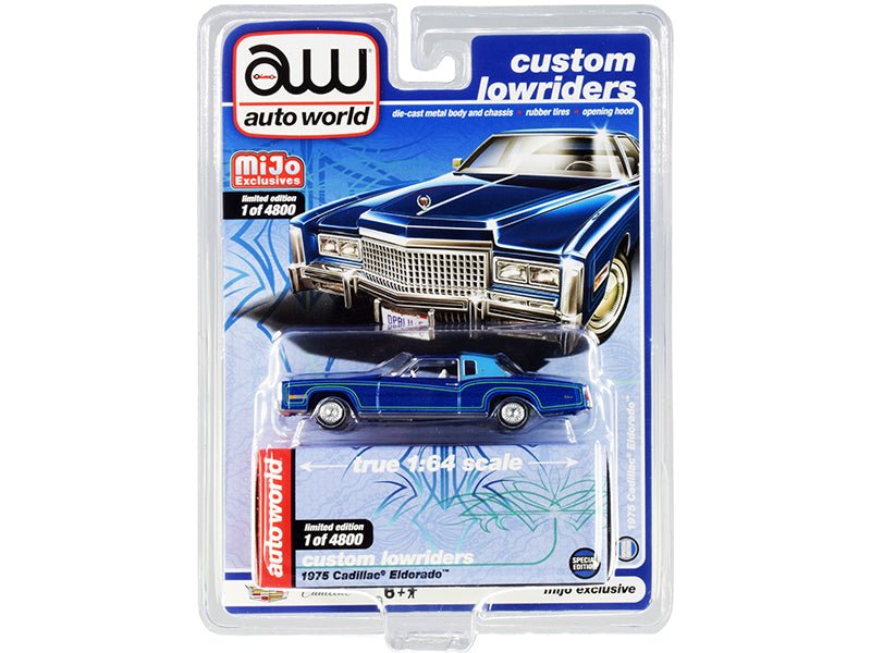 1975 Cadillac Eldorado Dark Blue Metallic with Light Blue (Partial) Vinyl Top "Custom Lowriders" Limited Edition to 4800 pieces Worldwide 1/64 Diecast Model Car by Auto World-DiecastModeler.com