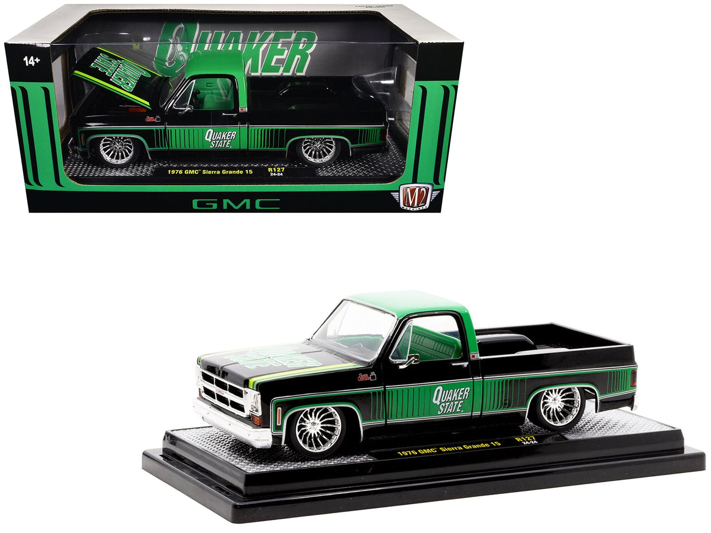 1976 GMC Sierra Grande 15 Pickup Truck "Quaker State" Black with Green Top Graphics and Interior Limited Edition to 6650 pieces Worldwide 1/24 Diecast Model Car by M2 Machines-DiecastModeler.com
