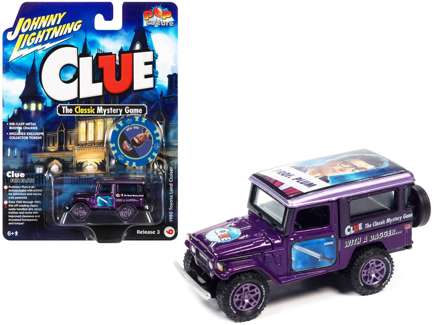 1980 Toyota Land Cruiser Purple Metallic "Modern Clue Professor Plum" with Poker Chip Collector's Token "Pop Culture" 2022 Release 3 1/64 Diecast Model Car by Johnny Lightning-DiecastModeler.com