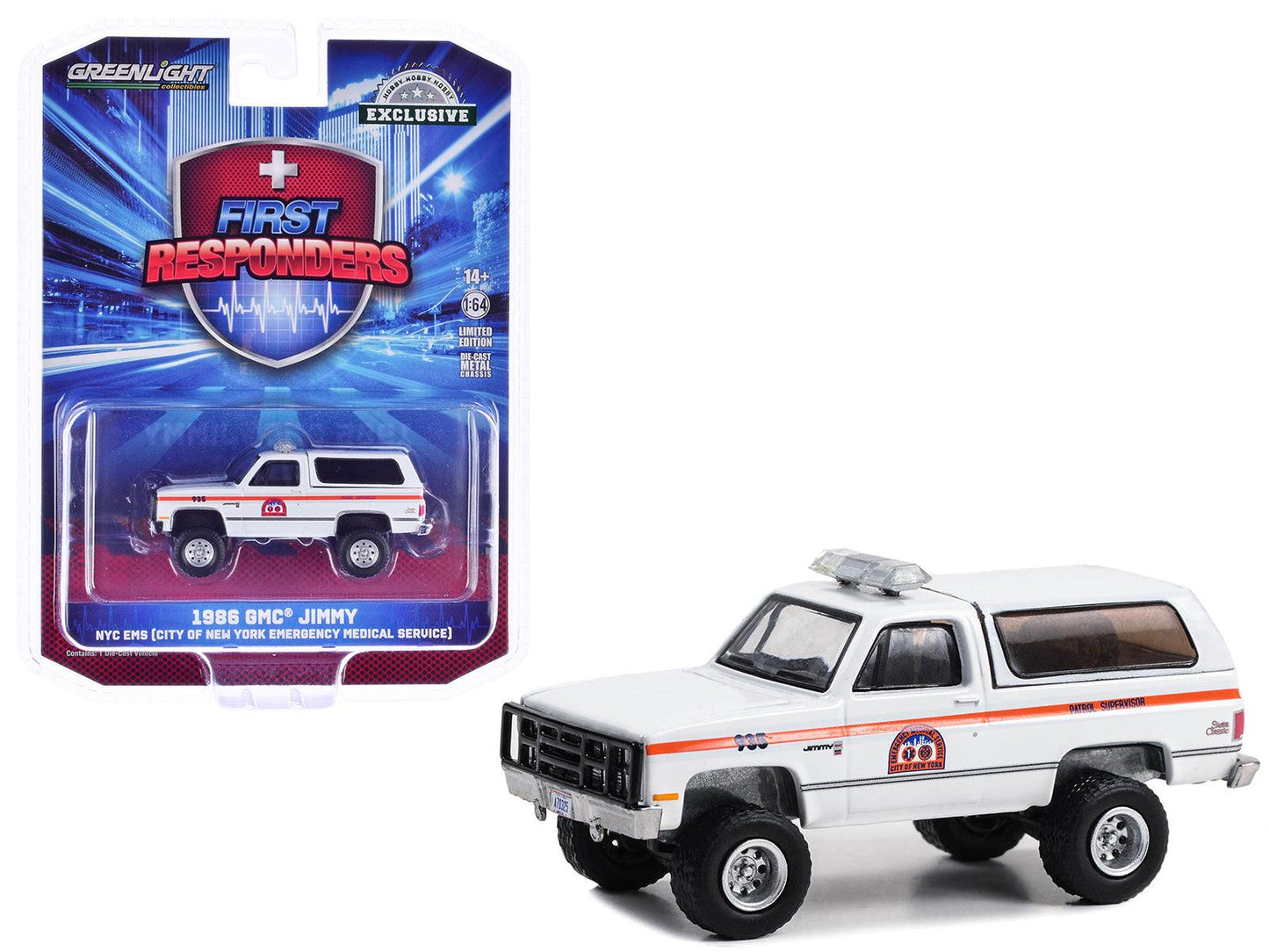 1986 GMC Jimmy White with Orange Stripes "NYC EMS (City of New York Emergency Medical Service) Patrol Supervisor" "First Responders - Hobby Exclusive" Series 1/64 Diecast Model Car by Greenlight-DiecastModeler.com