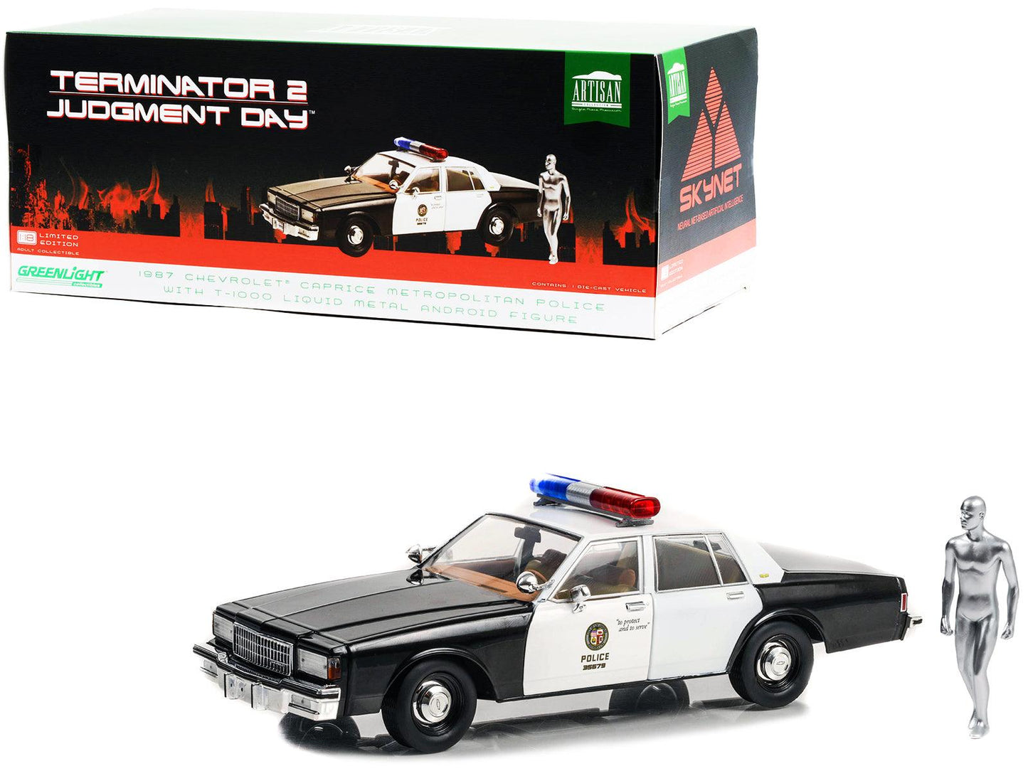 1987 Chevrolet Caprice Metropolitan Police Black and White with T-1000 Liquid Metal Android Diecast Figure "Terminator 2: Judgment Day" (1991) Movie "Artisan Collection" 1/18 Diecast Model Car by Greenlight-DiecastModeler.com