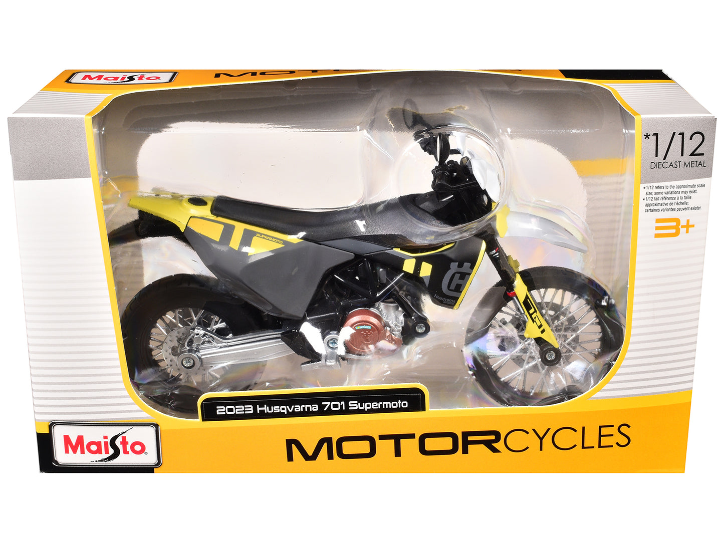 2023 Husqvarna 701 Supermoto Motorcycle Matt Black and Gray with Yellow and White Accents 1/12 Diecast Motorcycle Model by Maisto-DiecastModeler.com