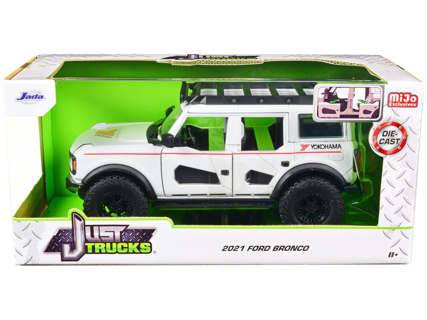 2021 Ford Bronco White with Red Stripes and Roof Rack "Yokohama Tires" "Just Trucks" Series 1/24 Diecast Model Car by Jada-DiecastModeler.com