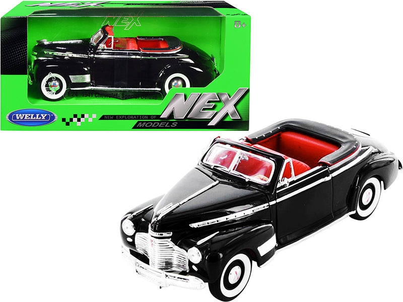 1941 Chevrolet Special Deluxe Convertible Black with Red Interior "NEX Models" 1/24 Diecast Model Car by Welly-DiecastModeler.com