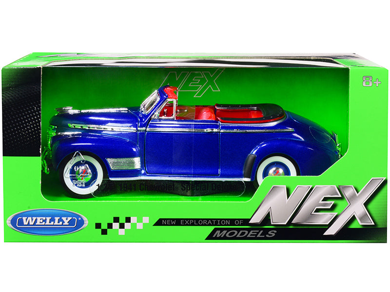 1941 Chevrolet Special Deluxe Convertible Blue Metallic with Red Interior "NEX Models" 1/24 Diecast Model Car by Welly-DiecastModeler.com