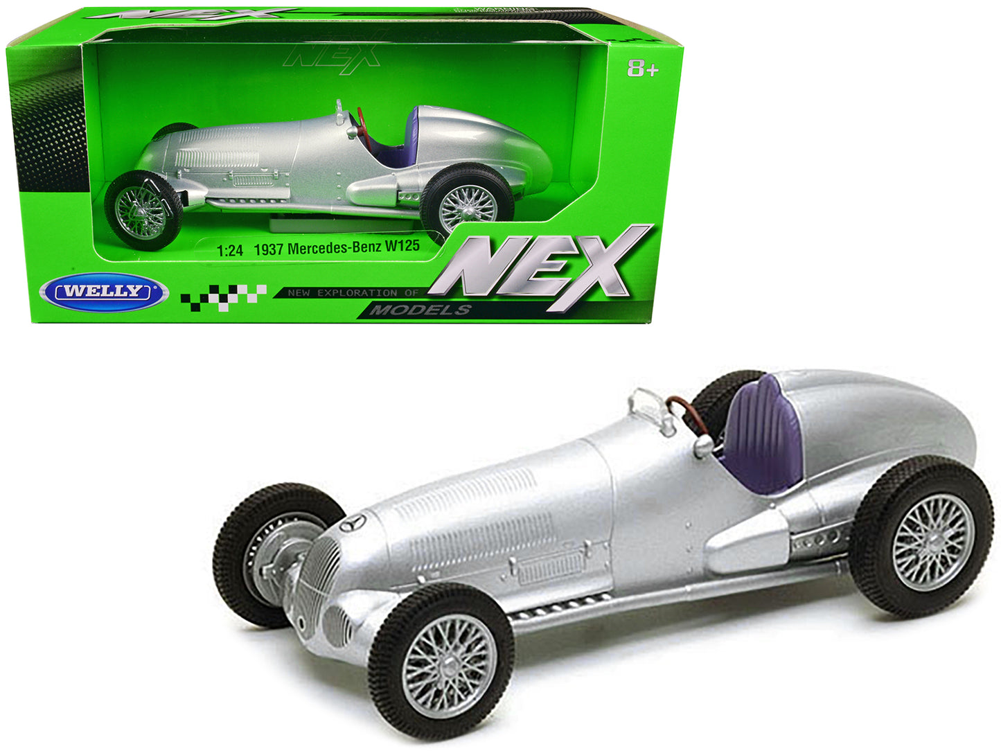 1937 Mercedes-Benz W125 Silver Metallic "NEX Models" Series 1/24 Diecast Model Car by Welly-DiecastModeler.com
