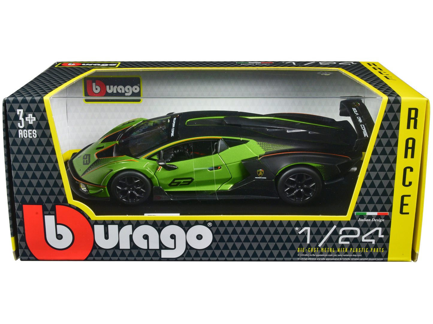 Lamborghini Essenza SCV12 #63 Green Metallic and Black "Squadra Corse" "Race" Series 1/24 Diecast Model Car by Bburago-DiecastModeler.com
