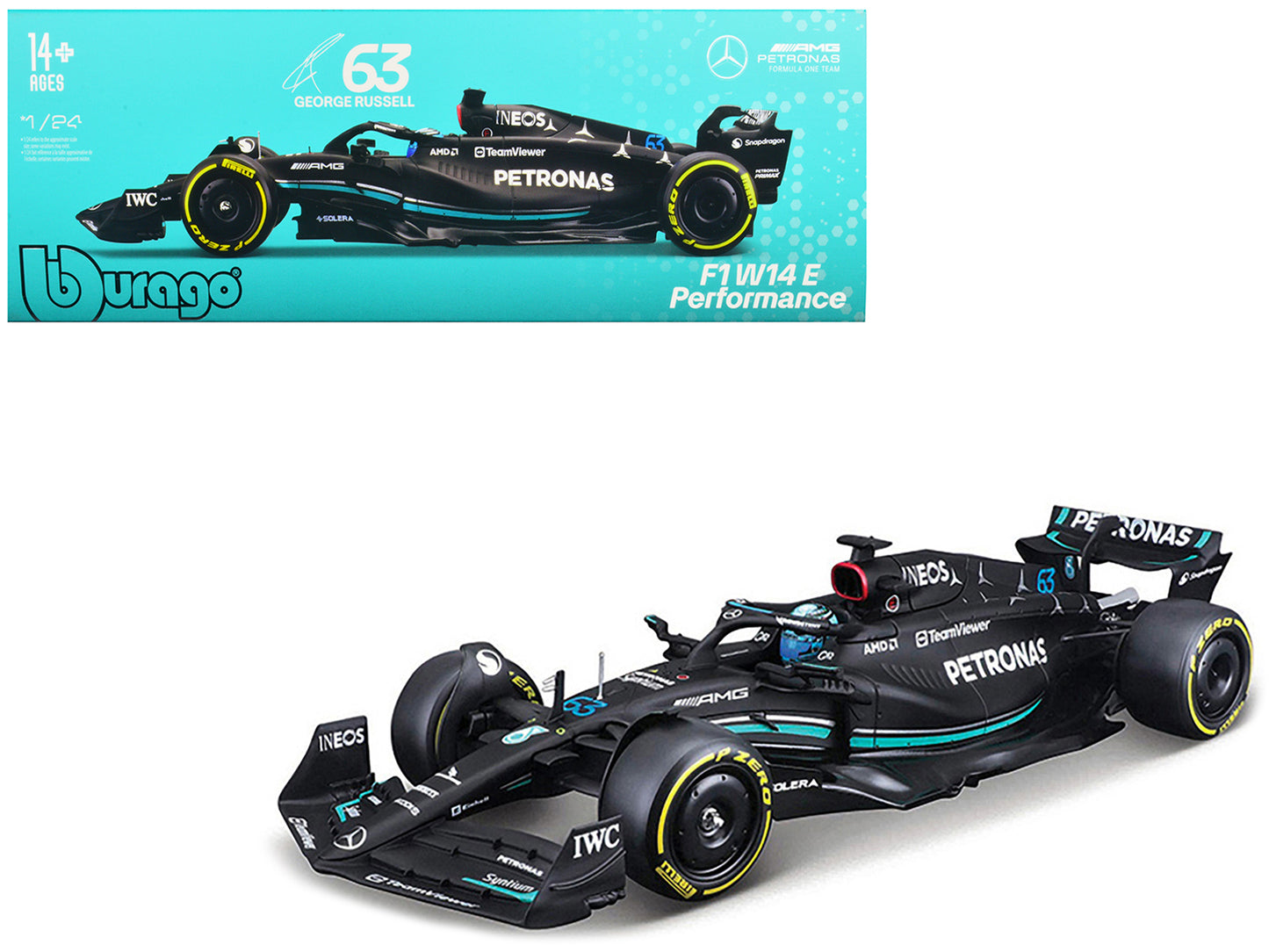 Mercedes-AMG F1 W14 E Performance #63 George Russell "Petronas" Formula One F1 "World Championship" (2023) 1/24 Diecast Model Car by Bburago-DiecastModeler.com