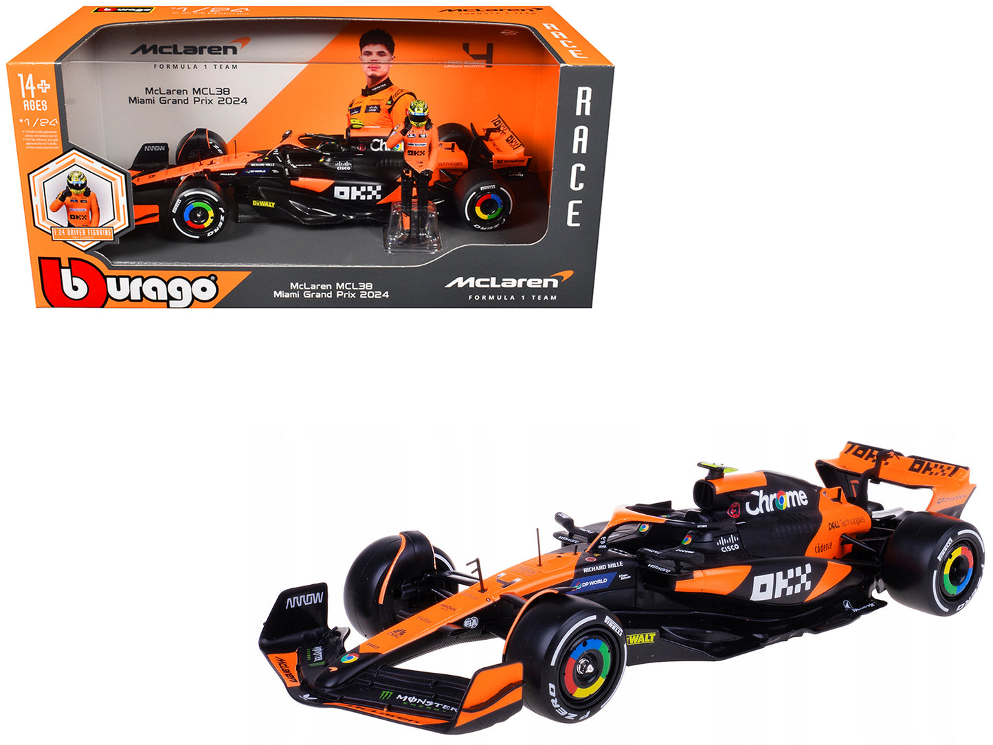McLaren MCL38 #4 Lando Norris "OKX" Winner Formula One F1 "Miami GP" (2024) with Driver Figure "Race" Series 1/24 Diecast Model Car by Bburago-DiecastModeler.com