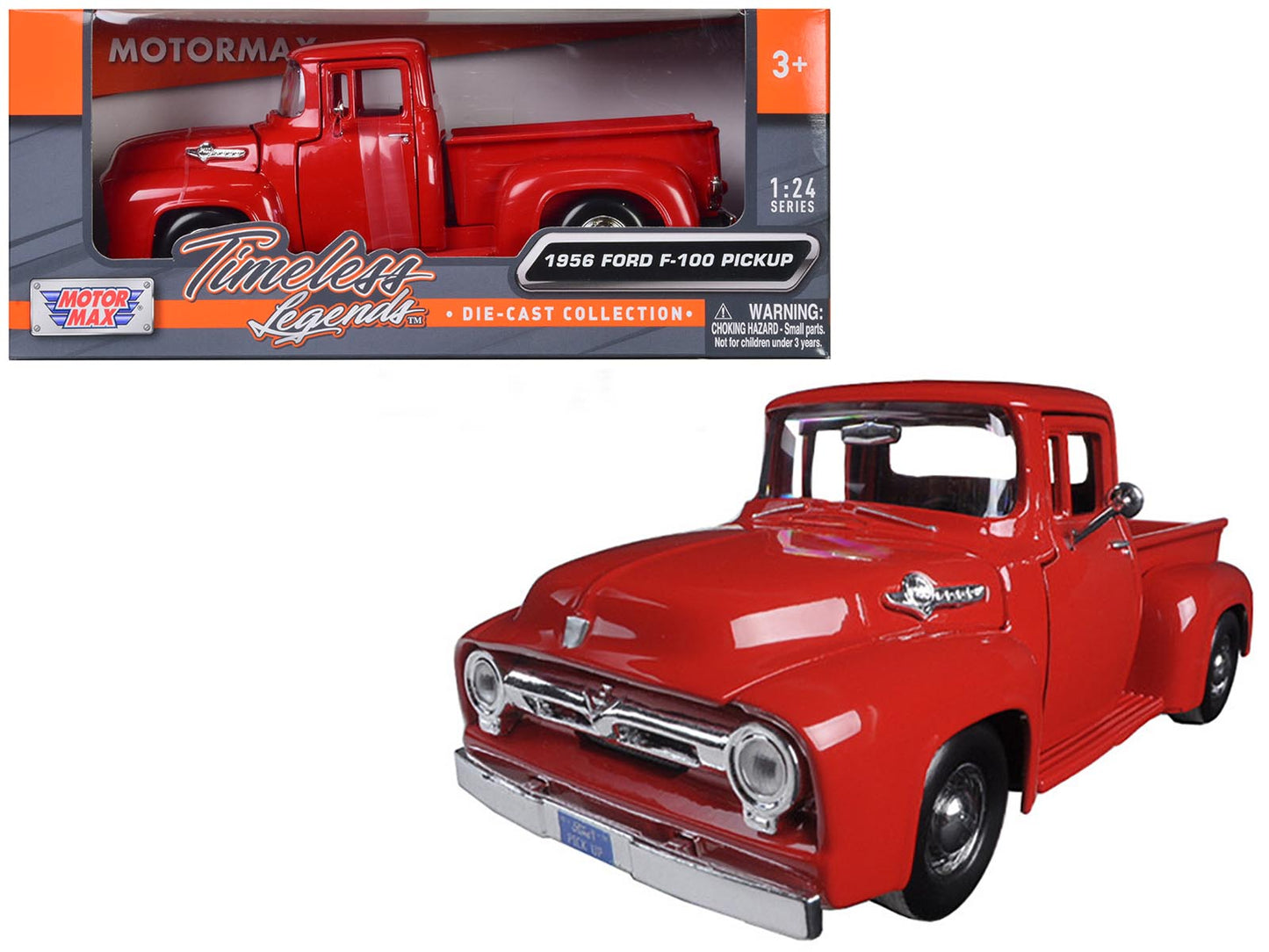 1956 Ford F-100 Pickup Red 1/24 Diecast Model Car by Motormax-DiecastModeler.com