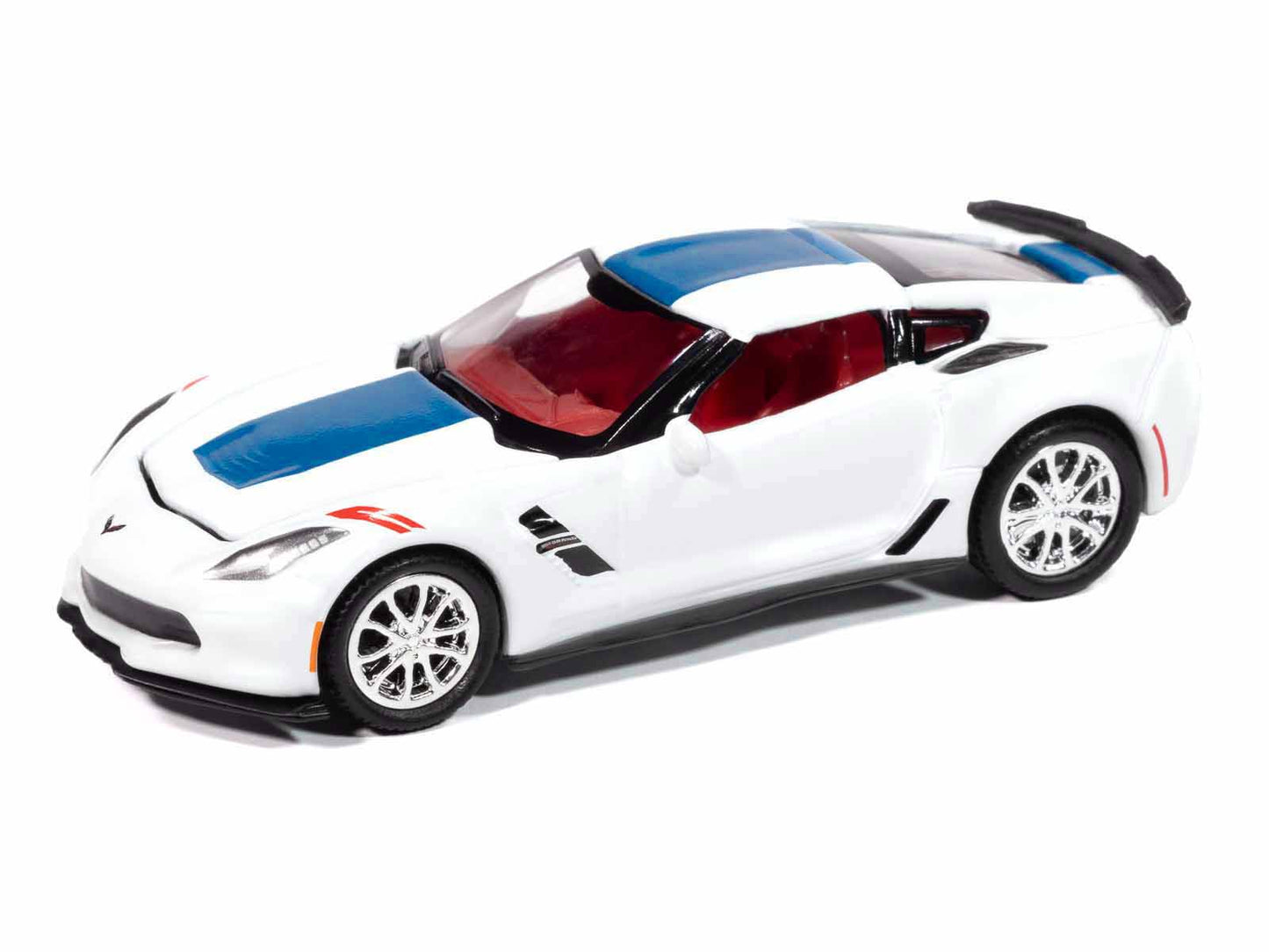 2018 Chevrolet Corvette Grand Sport Arctic White with Blue Stripe and Red Interior "Sports Cars" Series 1/64 Diecast Model Car by Auto World-DiecastModeler.com