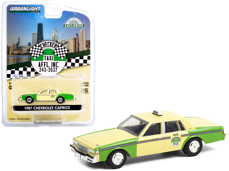 1987 Chevrolet Caprice Yellow and Green "Chicago Checker Taxi Affl Inc." "Hobby Exclusive" 1/64 Diecast Model Car by Greenlight-DiecastModeler.com