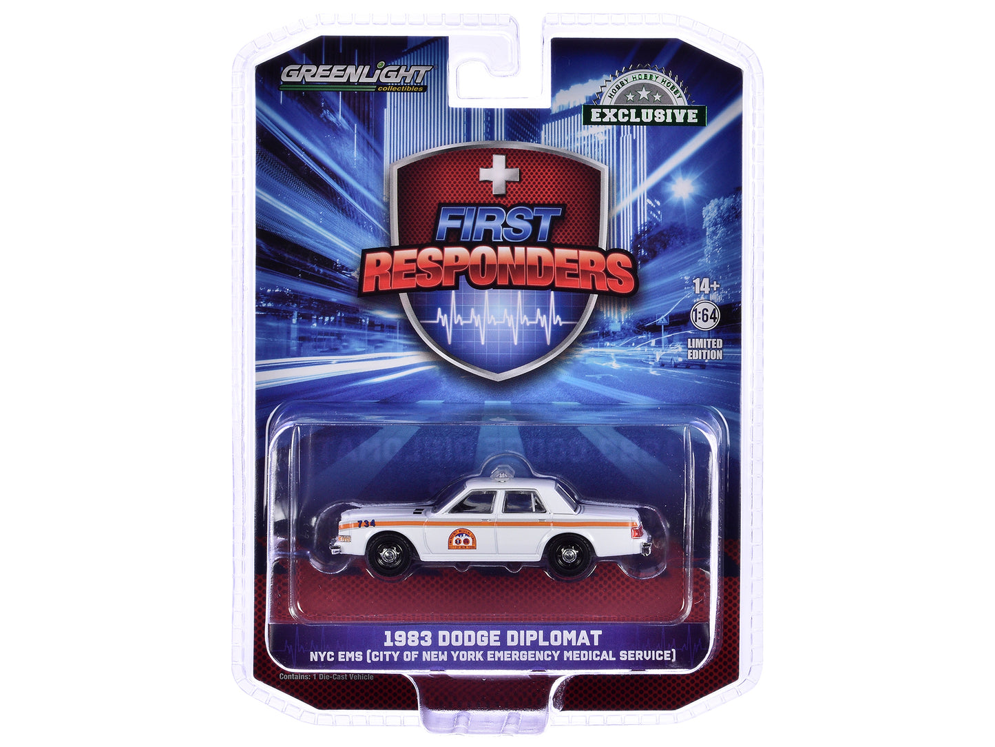1983 Dodge Diplomat "NYC EMS (City of New York Emergency Medical Service)" White with Orange Stripes "First Responders - Hobby Exclusive" Series 1/64 Diecast Model Car by Greenlight