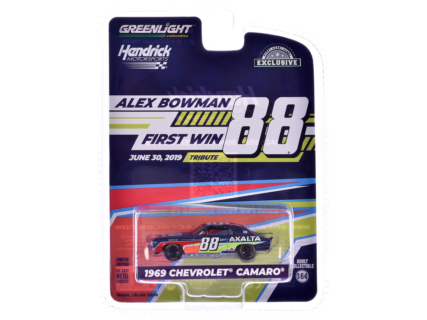 1969 Chevrolet Camaro #88 "Alex Bowman - Hendrick Motorsports First Win Tribute" Dark Blue with Graphics "Hobby Exclusive" Series 1/64 Diecast Model Car by Greenlight-DiecastModeler.com