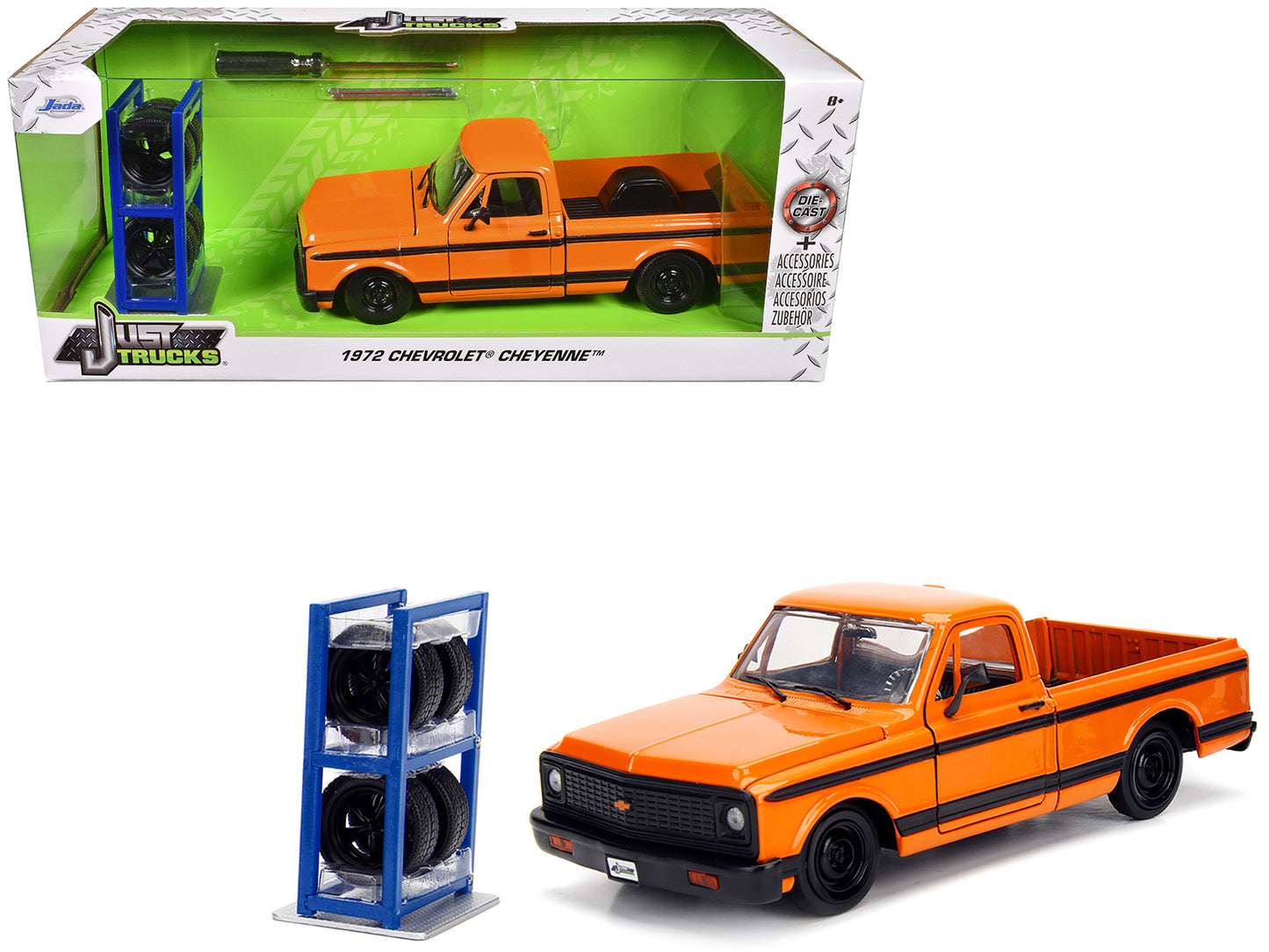 1972 Chevrolet Cheyenne Pickup Truck Orange with Black Stripes and Extra Wheels "Just Trucks" Series 1/24 Diecast Model Car by Jada-DiecastModeler.com